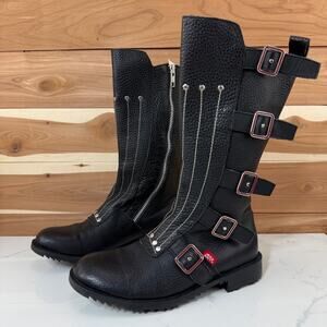 MISS SIXTY Moto Boots Buckle Accent Knee High Black Leather Boots size US 3.5